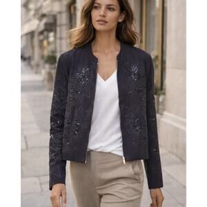 BIANCA NYGARD PETITE size 8 black embroidered jacket floral flowers cotton